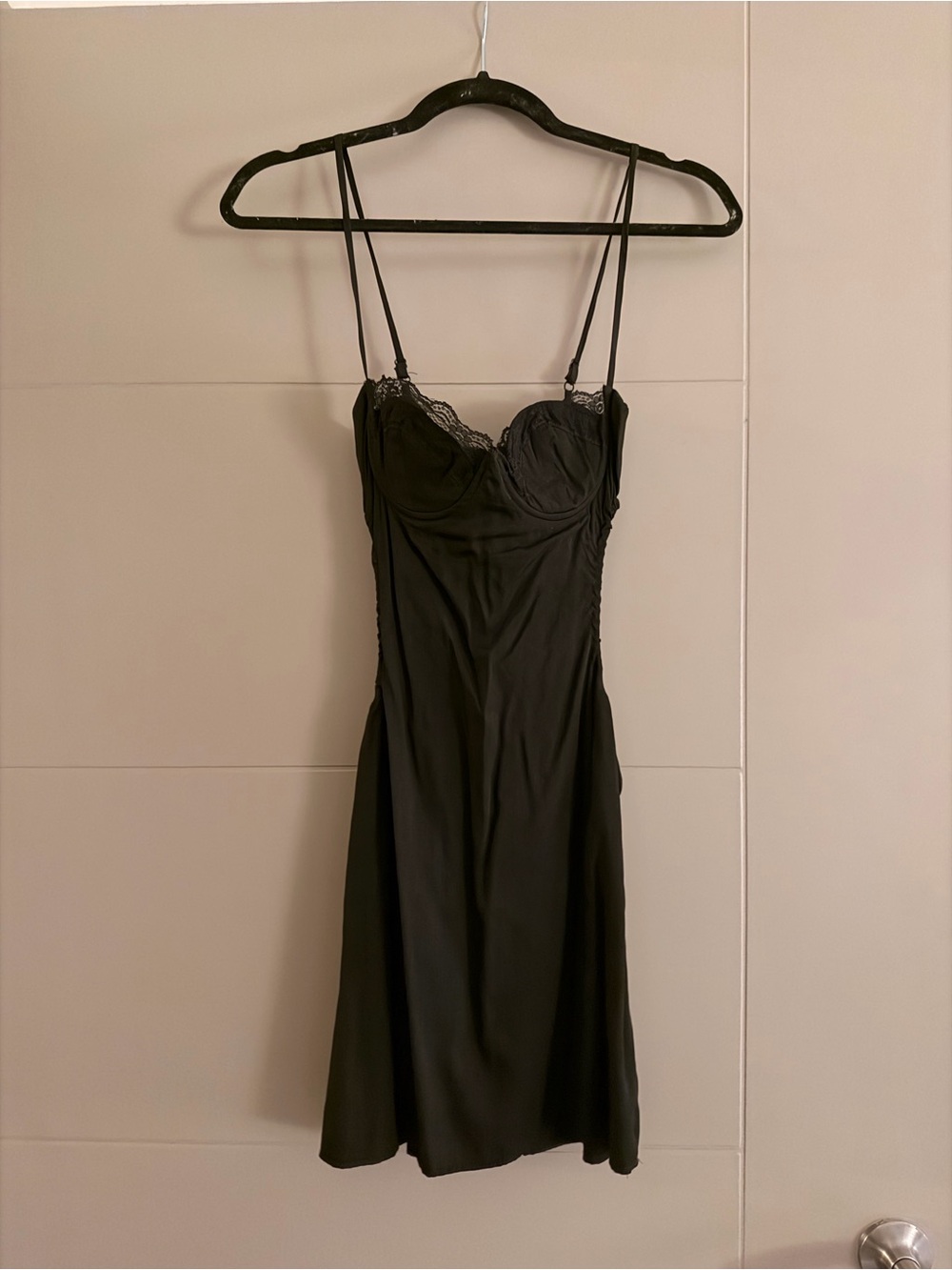 Black Satin Slip Dress with Lace Trim and cut outs